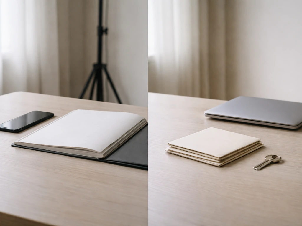 Minimal studio desk with a smartphone and fashion magazine beside a laptop, symbolizing early-model career finances.