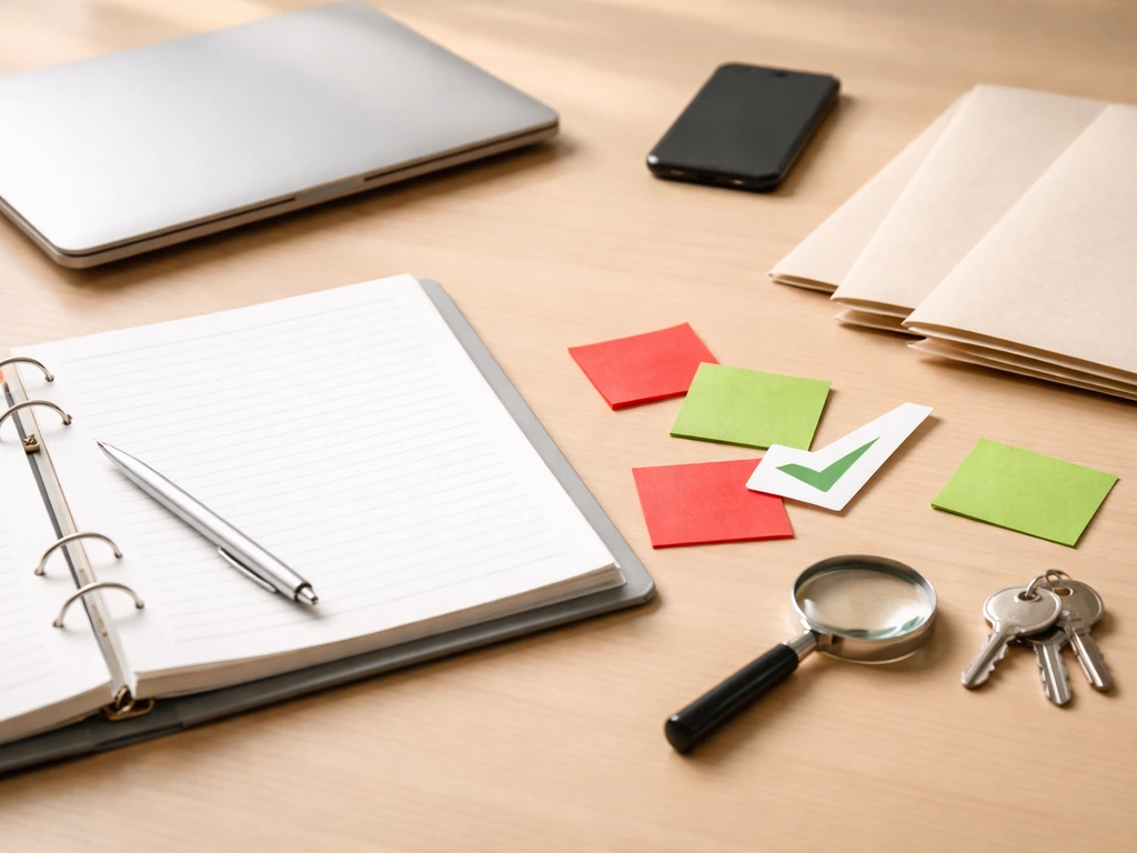 Minimal desk scene with folders, sticky notes, and a magnifying glass suggesting responsible net-worth verification