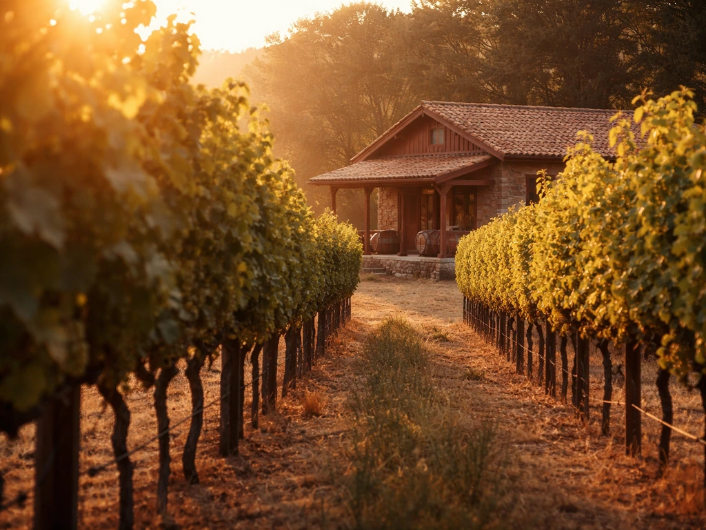 Golden-hour vineyard scene with a distant winery building suggesting winemaking and entrepreneurship.
