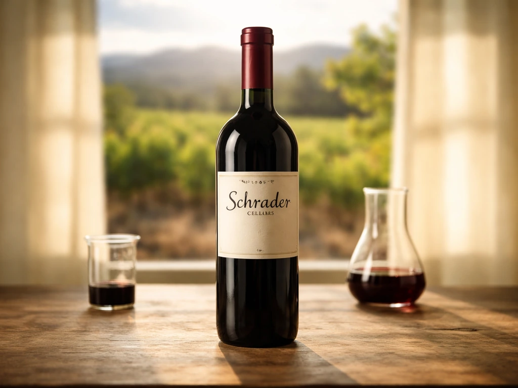 Dark wine bottle on a wooden table with soft vineyard background, Schrader Cellars branding, no people.