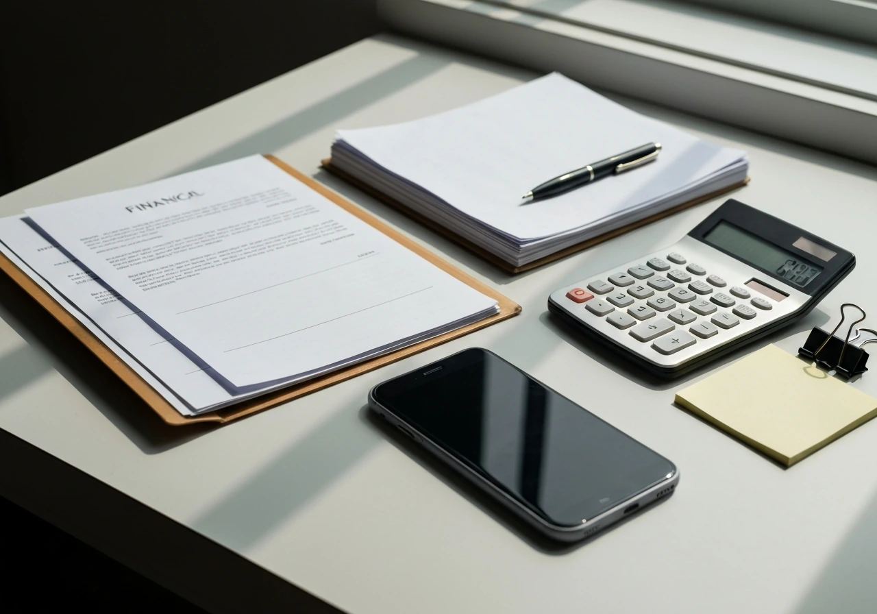 Minimal photo of a desk with a calculator, smartphone, and documents suggesting net worth estimation methods