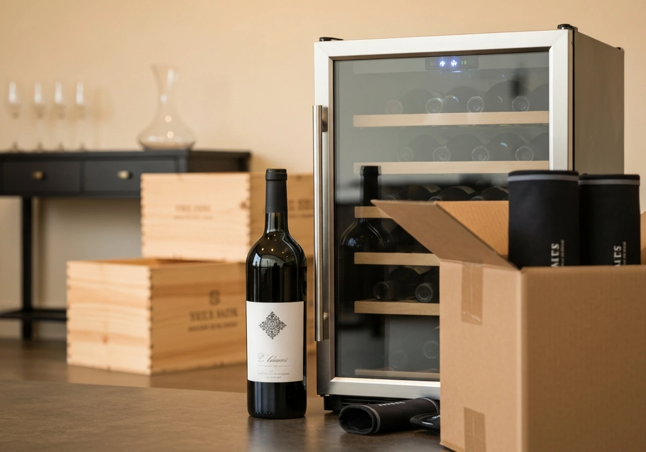 Wine bottle beside a stainless wine cooler in a modern tasting room with shipping crates in soft blur.
