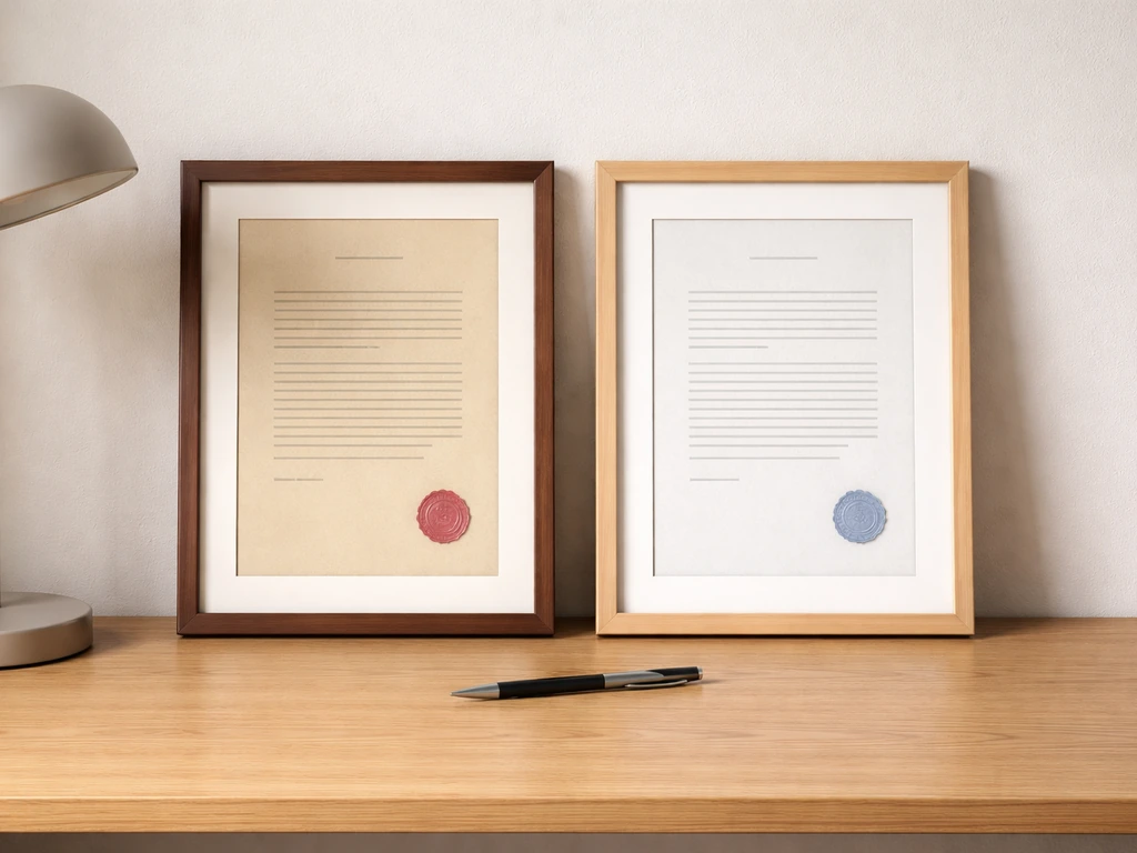 Two minimalist, side-by-side framed documents on a desk with different eras and neutral cues