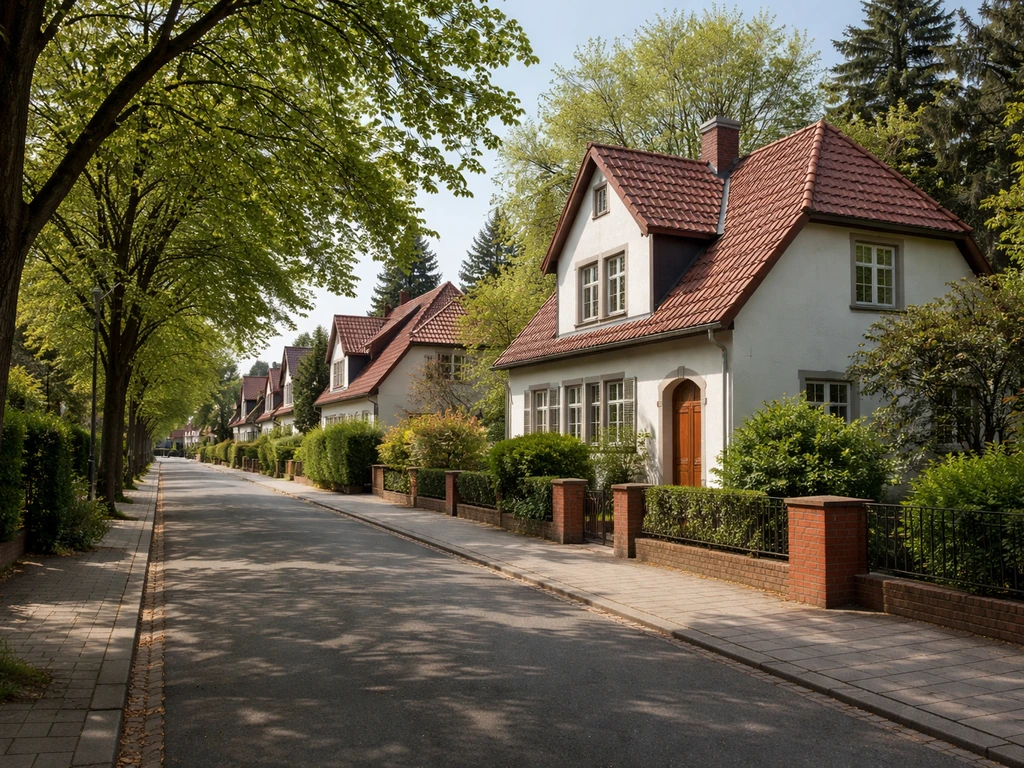 Exterior view of a quiet residential neighborhood in Hanover, Germany with traditional homes and greenery.