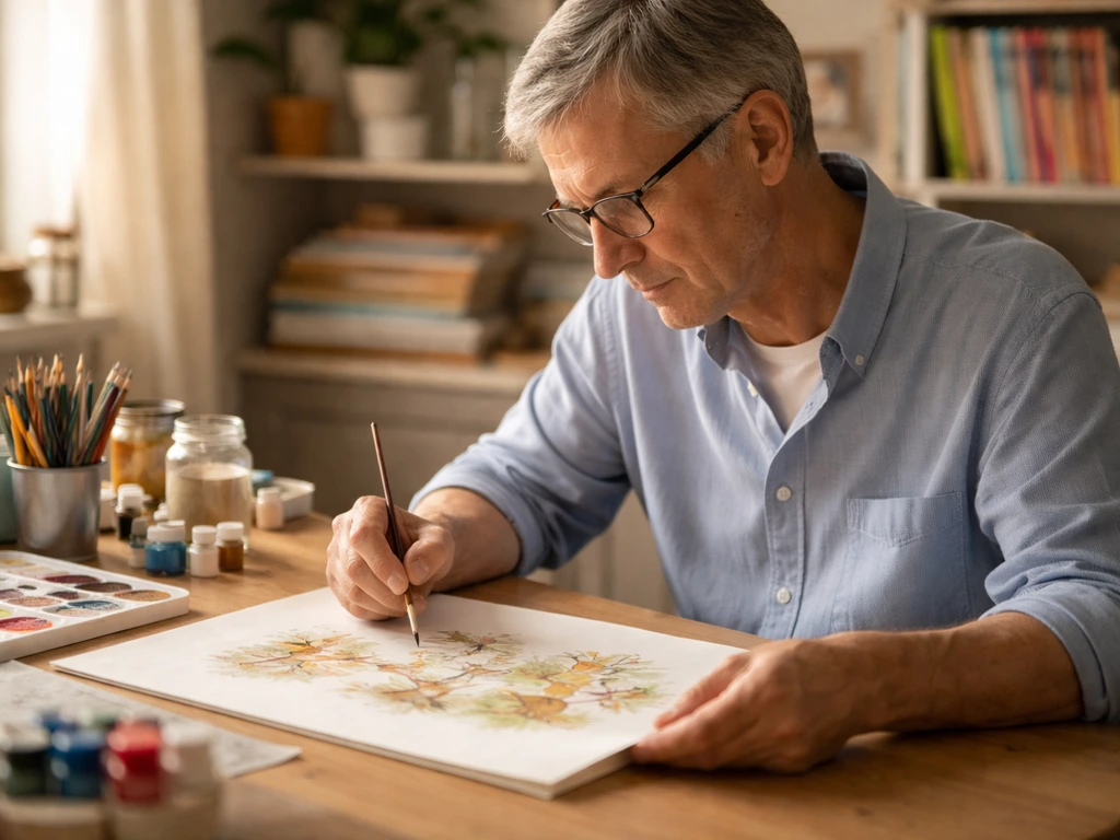 Anonymous children’s book illustrator painting at a wooden desk in a softly lit home studio.