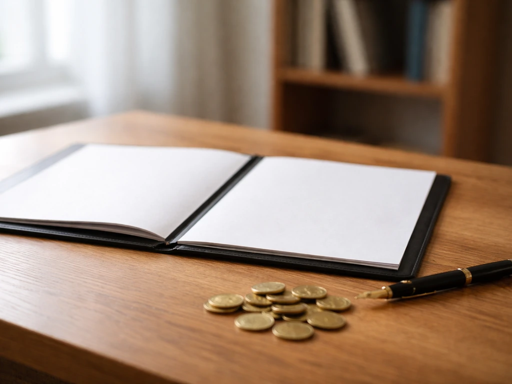 Minimal studio desk with a blank contract folder, fountain pen, and coins suggesting illustrator advance and royalties.