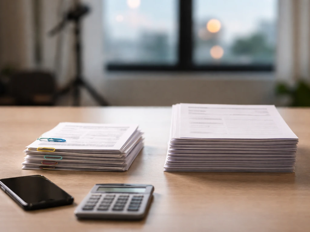 Split-focus office desk with two piles of documents and a phone showing spreadsheets-like glow, no readable text.