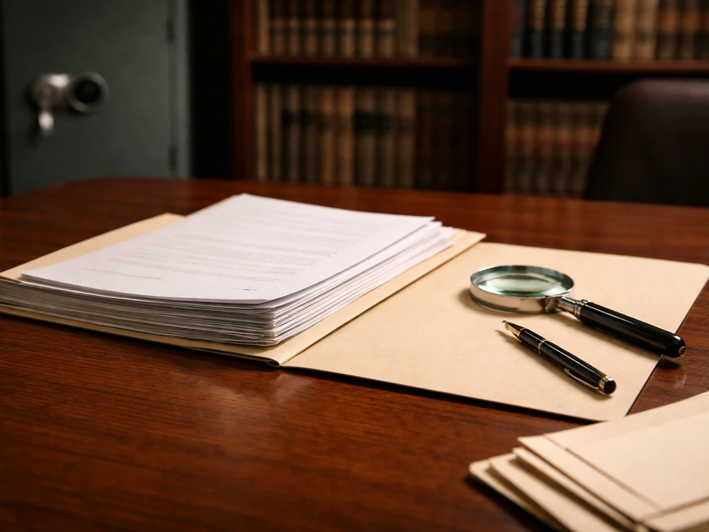 Law office desk with documents and a magnifying glass, symbolizing net-worth verification and due diligence.