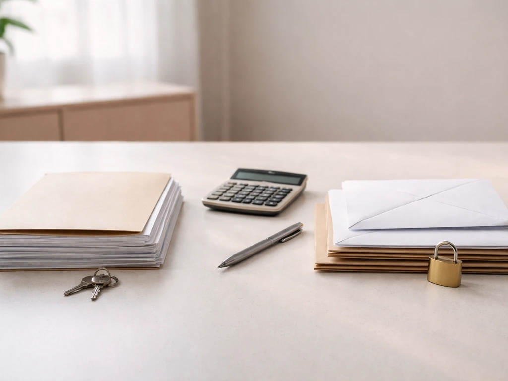 Minimal photo of a desk scene suggesting assets versus liabilities with empty envelopes and a calculator