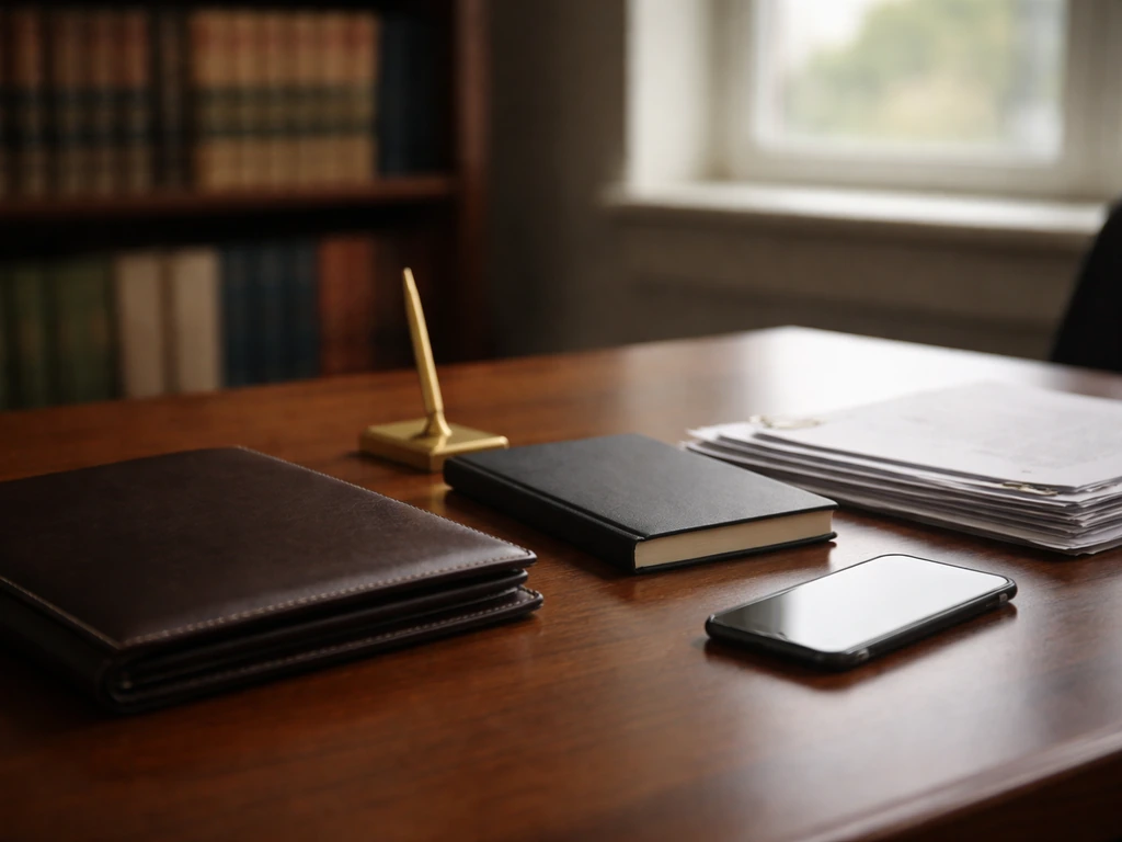 Anonymous desk in a law office with documents and pen, symbolizing net worth estimation without text.