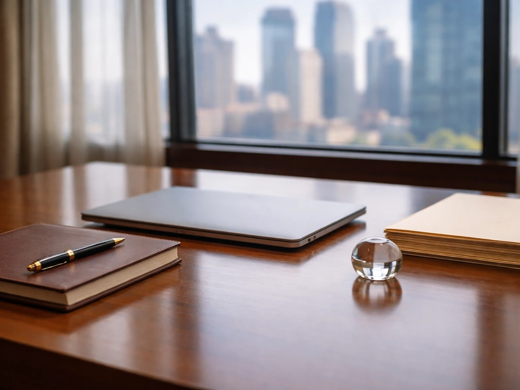 Minimal photo of a finance professional’s workspace with a closed laptop, notebook, and city skyline view.