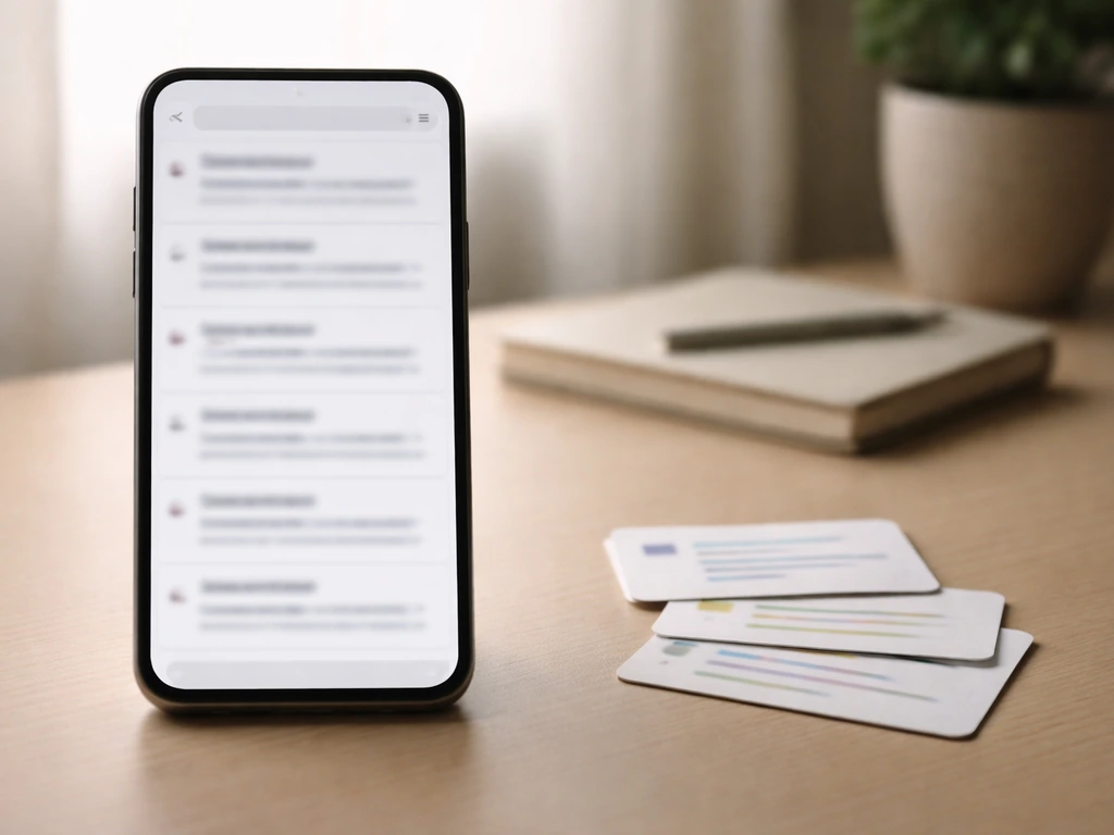 iPhone showing blurred search results next to index cards to suggest different name variants.