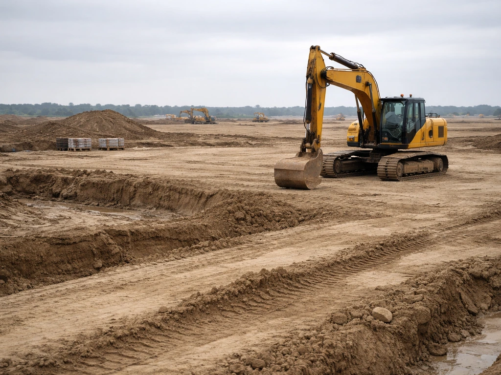 Excavator working at a golf course construction site with graded earthworks and minimal heavy-equipment setting.