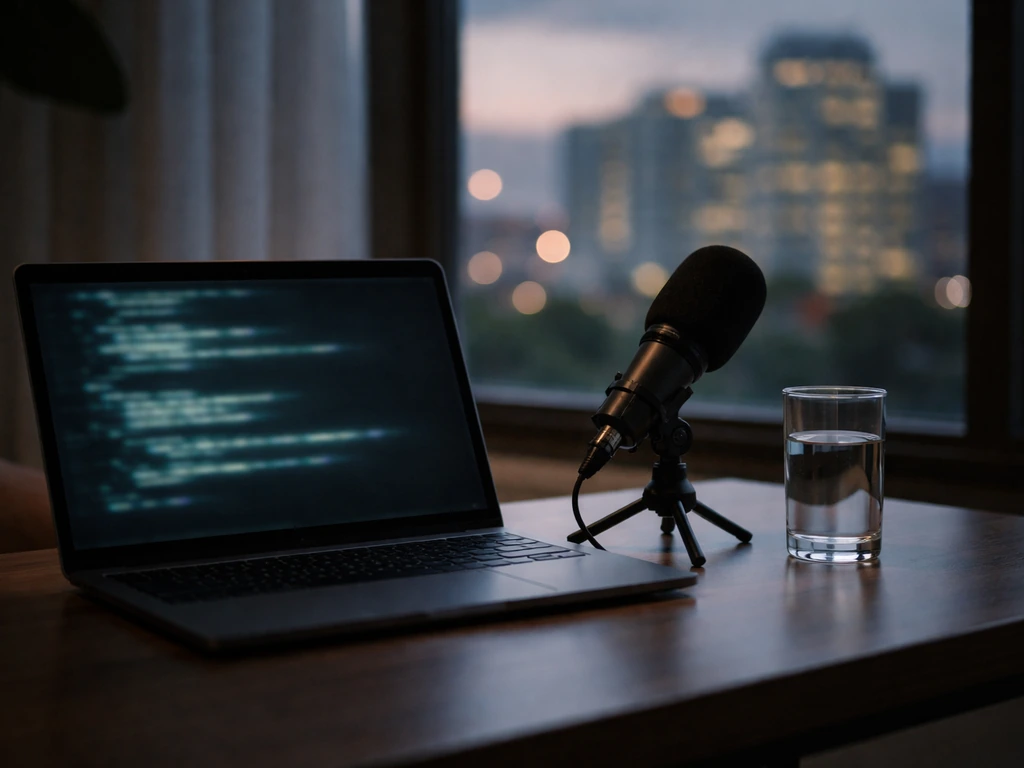 Anonymous fintech workspace with laptop glow and microphone, city skyline blurred behind, minimal composition.