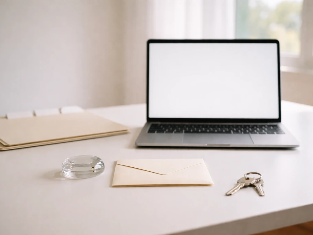 Minimal desk scene with laptop, envelope, glass paperweight, and key ring symbolizing an equity estimation workflow.