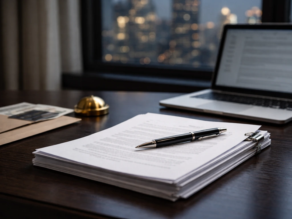 Close-up of legal documents and a pen beside a laptop with a city skyline view, symbolizing net-worth research