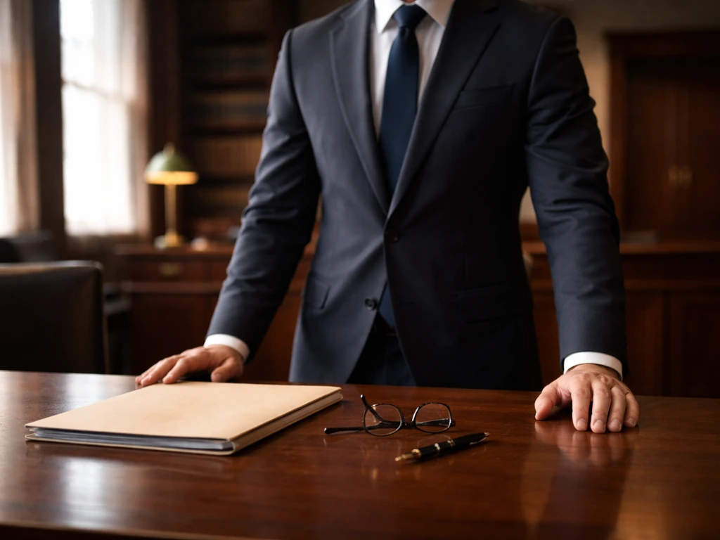 Anonymous attorney in a New York law office with a desk, legal folder, and window light behind.