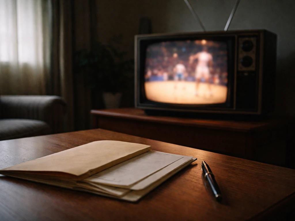 Vintage TV broadcasting a blurred basketball game beside blank royalty documents on a desk.