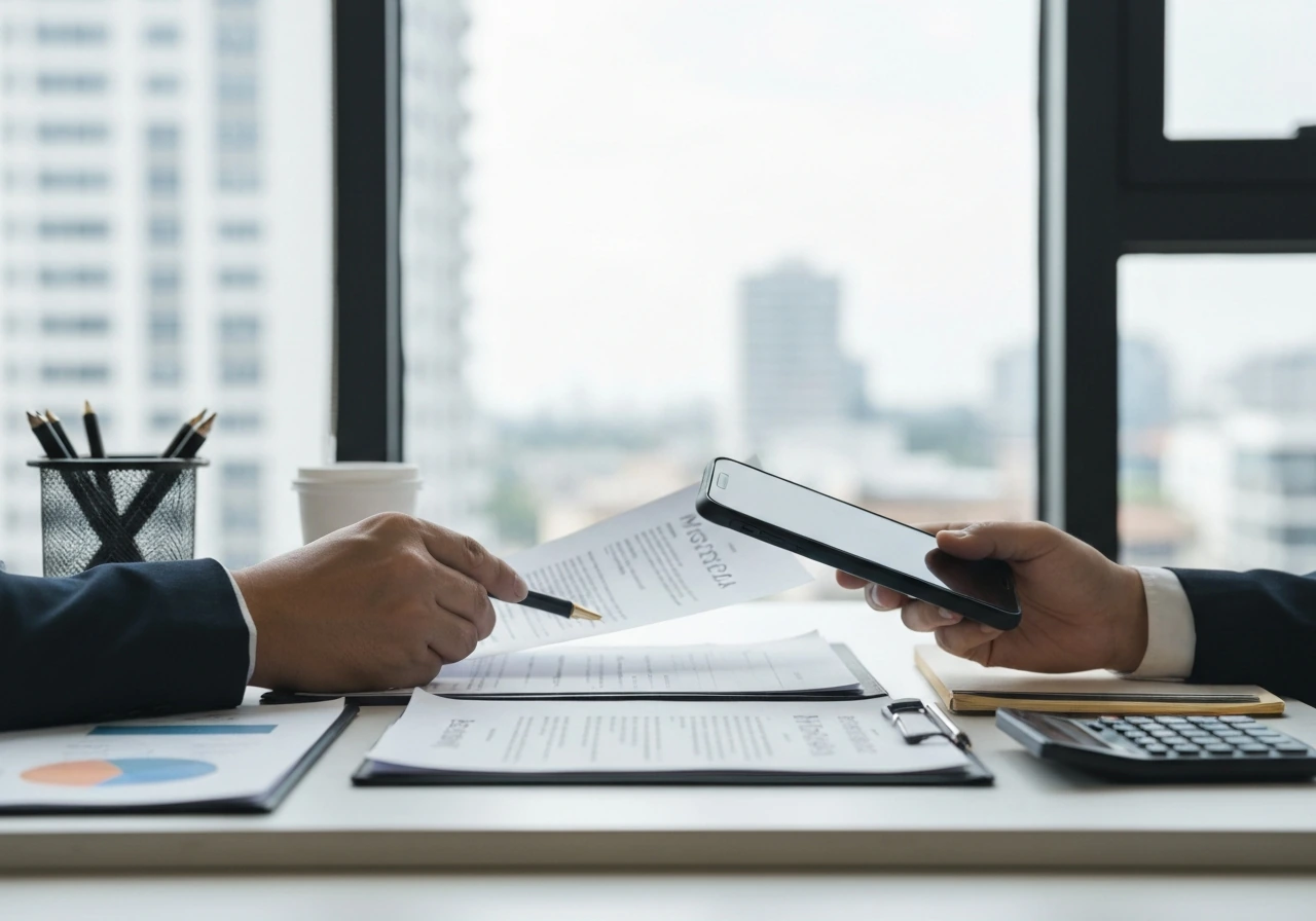 Close-up of an anonymous professional comparing mortgage documents in a modern office