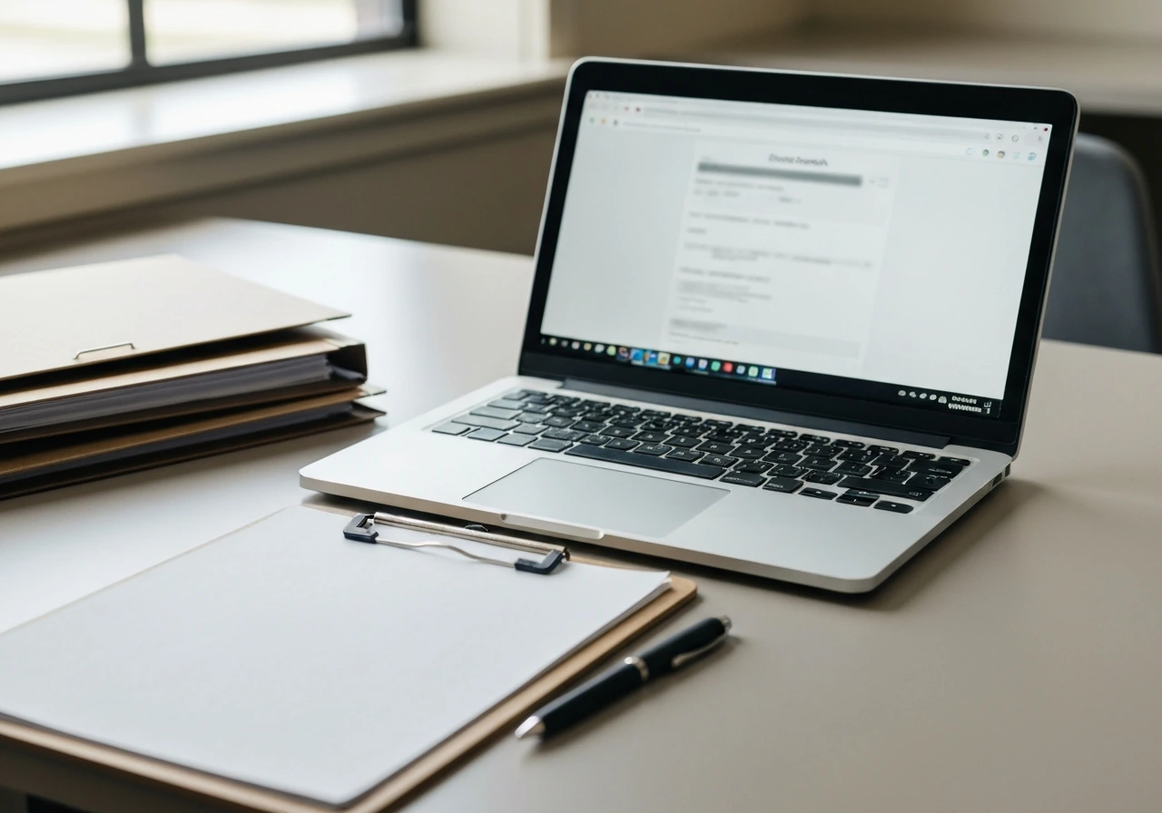 Minimal photo of a laptop showing deed search results beside a clipboard in a quiet records office
