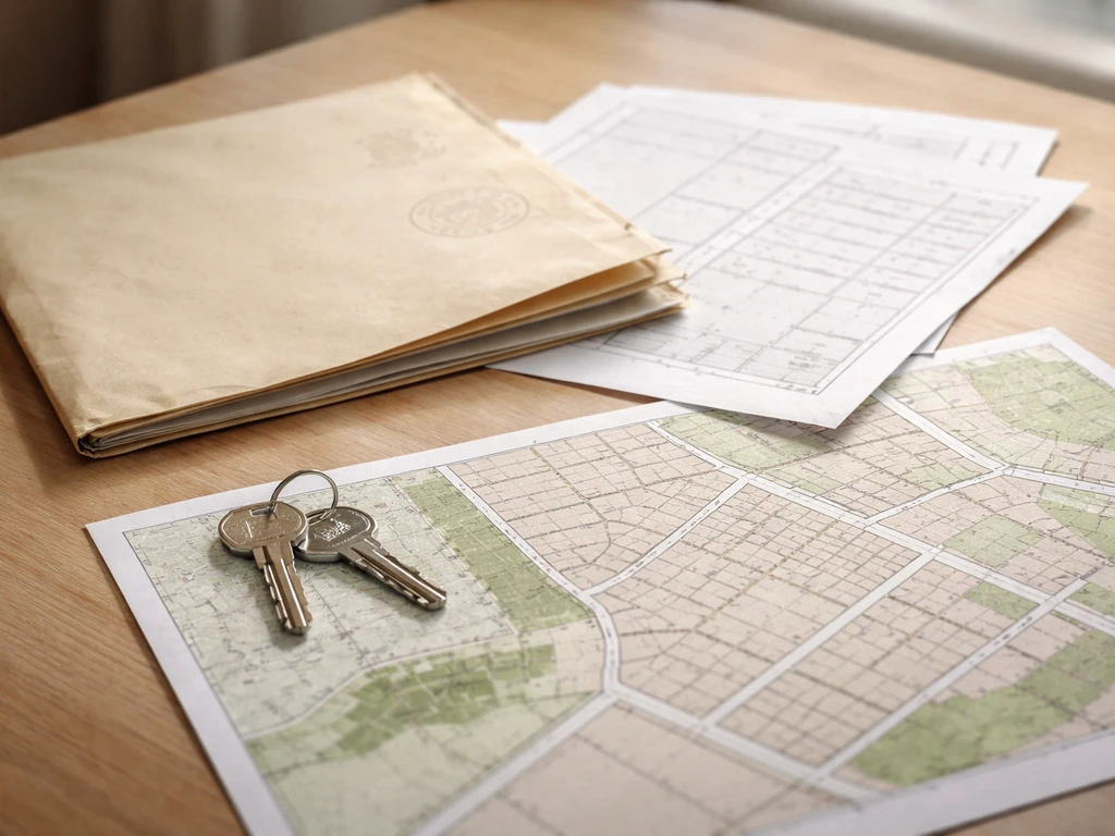 Close-up of a real estate document beside a simple property parcel map on a desk