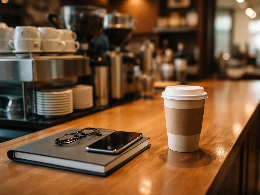Personless Starbucks-style coffee shop scene with business cues suggesting an executive legacy