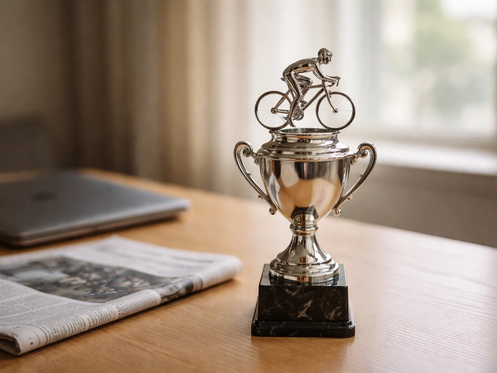 Blurred cycling trophy on a desk beside a laptop and newspaper, symbolizing a Tour de France legacy