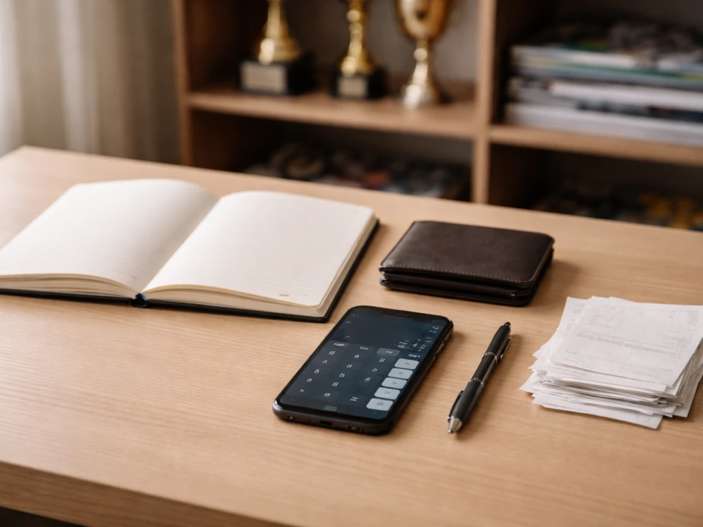 Minimal desk with notebook, phone, wallet, and receipts symbolizing inputs used for wealth estimates.