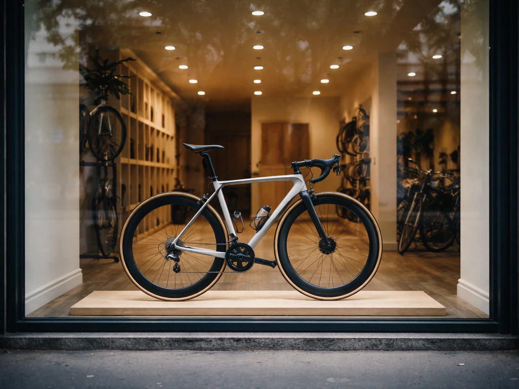Close view of an Andy Schleck Cycles storefront with a displayed branded road bike and indoor lighting