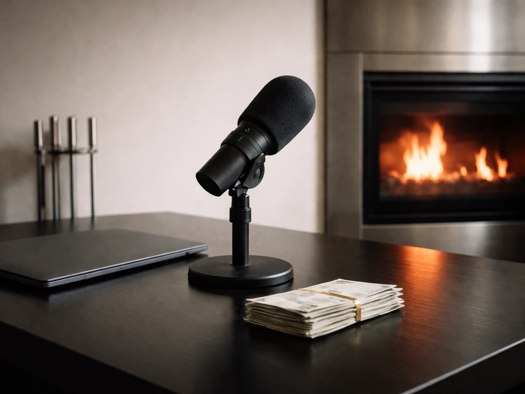 Minimal office desk with a microphone and warm stainless fireplace glow, suggesting business and financial analysis.