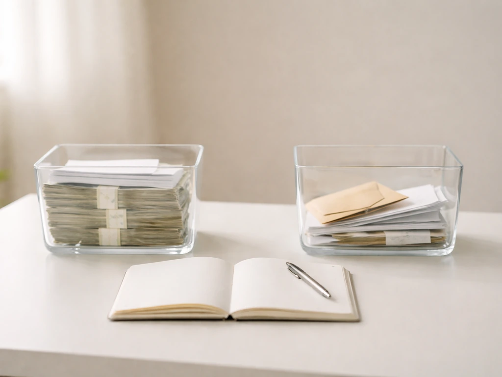 Minimal photo showing money and documents beside a simple split between assets and liabilities.