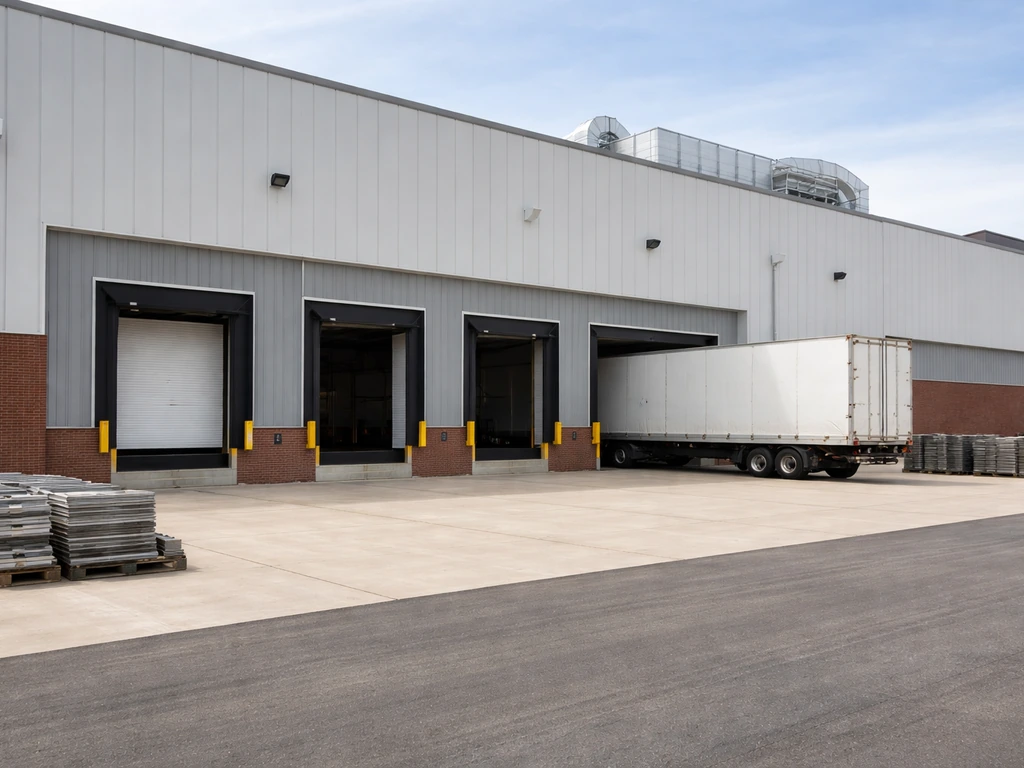 Outdoor view of a modern industrial manufacturing facility with a branded-looking but unlabeled loading dock.