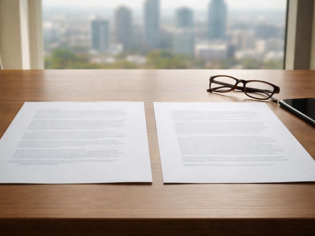 Minimal desk scene with two documents side by side, symbolizing cross-checking profiles and sources