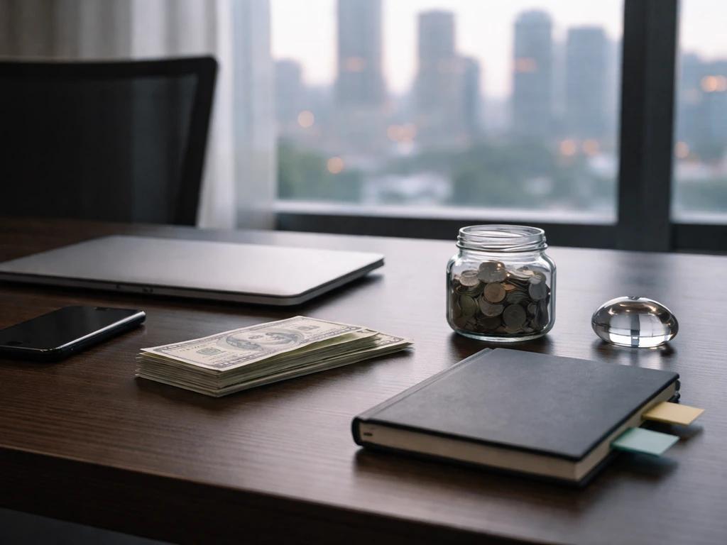 Minimal office desk with cash and coins beside a closed laptop, suggesting financial analysis.