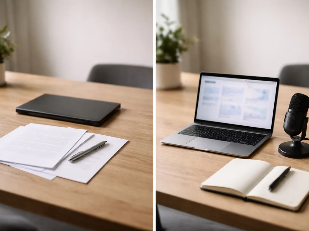 Two minimal desk setups side-by-side: documents on one, blurred finance/media tools on the other.
