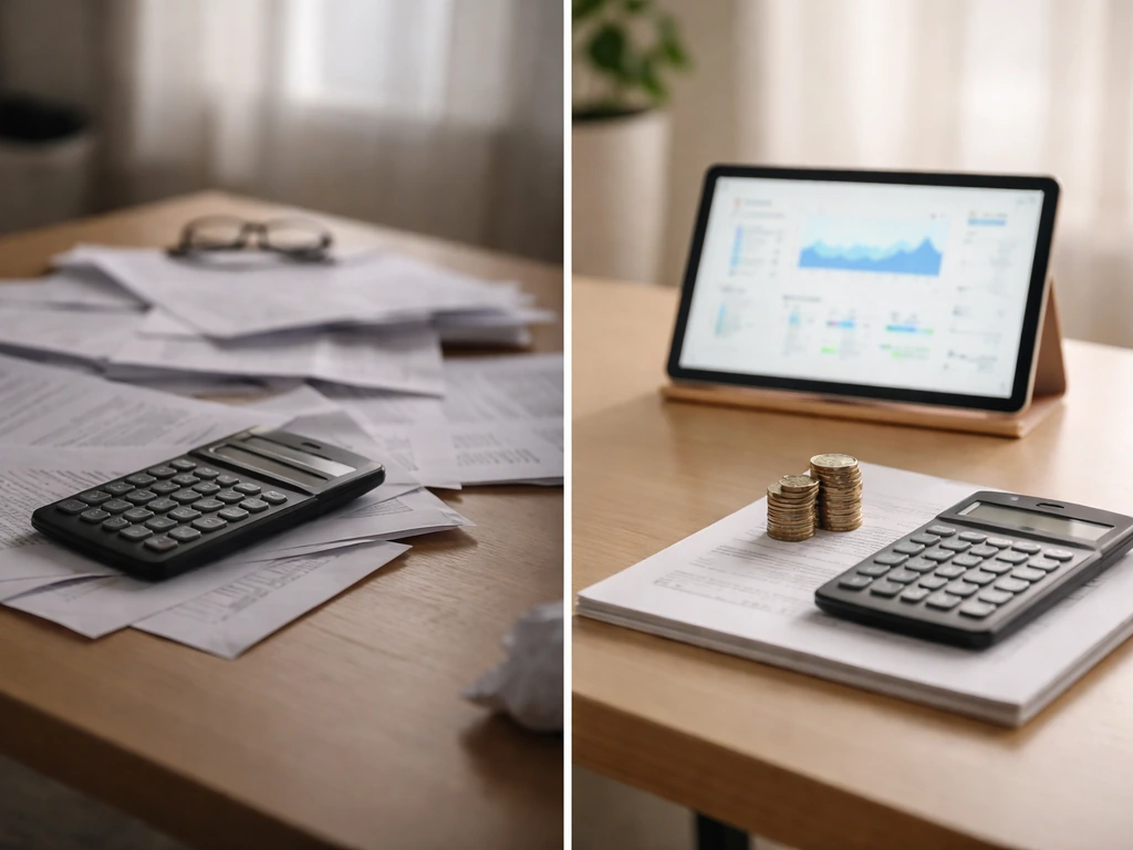 Minimal desk photo showing messy left and organized right, symbolizing differing financial estimates.