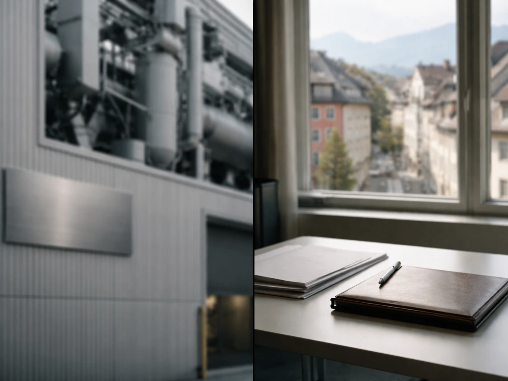 Split scene: industrial machinery and blurred corporate panel on left; Swiss business office view and desk items on righ