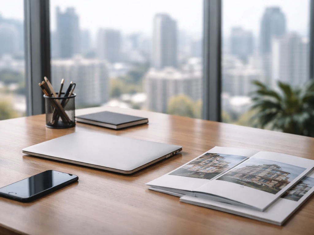 Minimal photo of a tidy office desk with a smartphone, real-estate brochures, and a blurred city skyline view