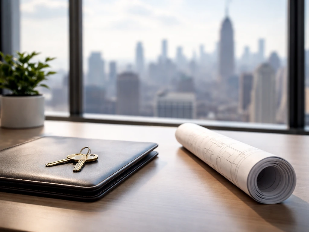 Minimal photo of a modern New York office desk with a real-estate blueprint, keys, and a city view