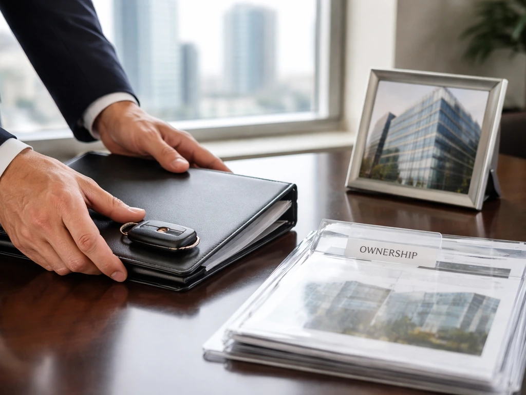 Anonymous hands in a real-estate office desk scene with generic investment papers and a city view.