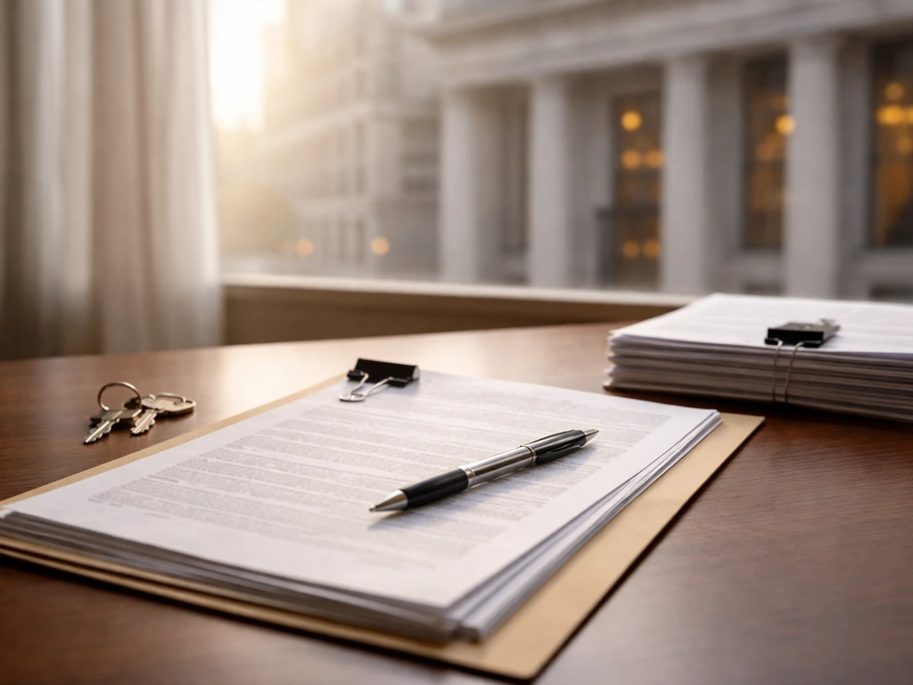 Minimal photo of a mortgage paperwork folder and keys on a desk beside a blurred bank building backdrop.