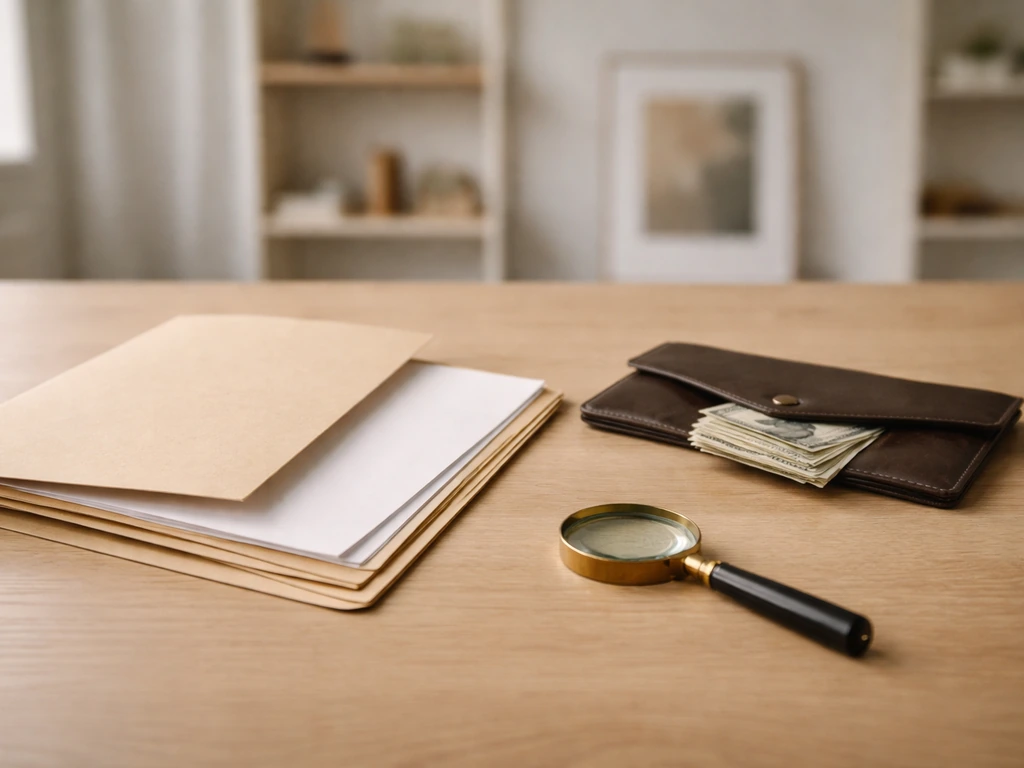 Minimal desk scene with a folder, cash envelope, and a magnifier suggesting net-worth research