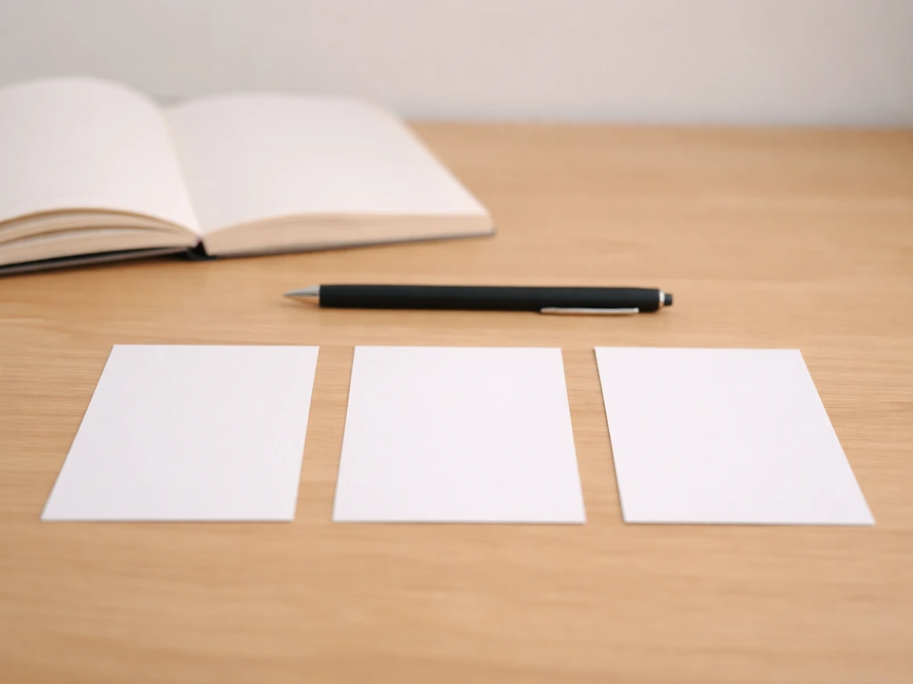 Blank cue cards on a desk with a pen, suggesting comparing different possible identities.