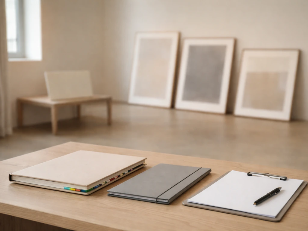 Minimal art gallery scene with framed works and a sketchbook/portfolio on a table, no readable text.