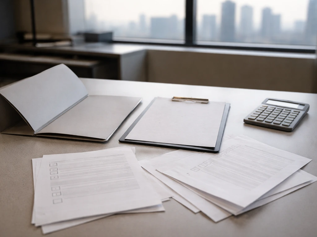 Empty office desk with blank documents and a muted folder, suggesting unverified business evidence.
