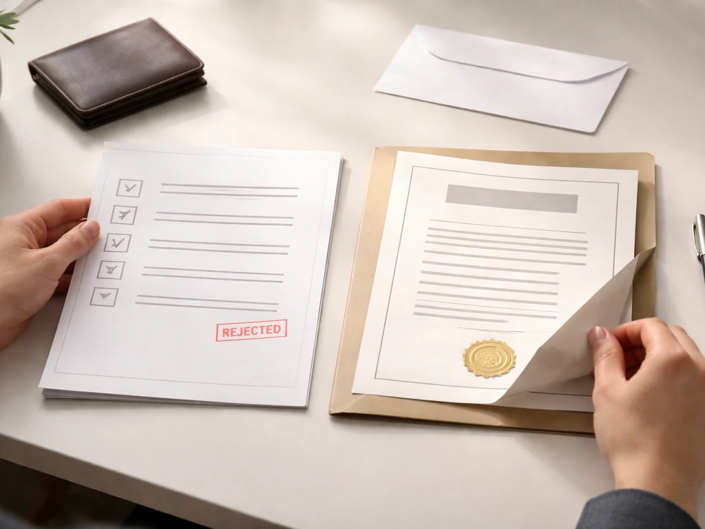 Hands review blank financial documents and an empty checklist, symbolizing no verified assets and degree/lack of liabili