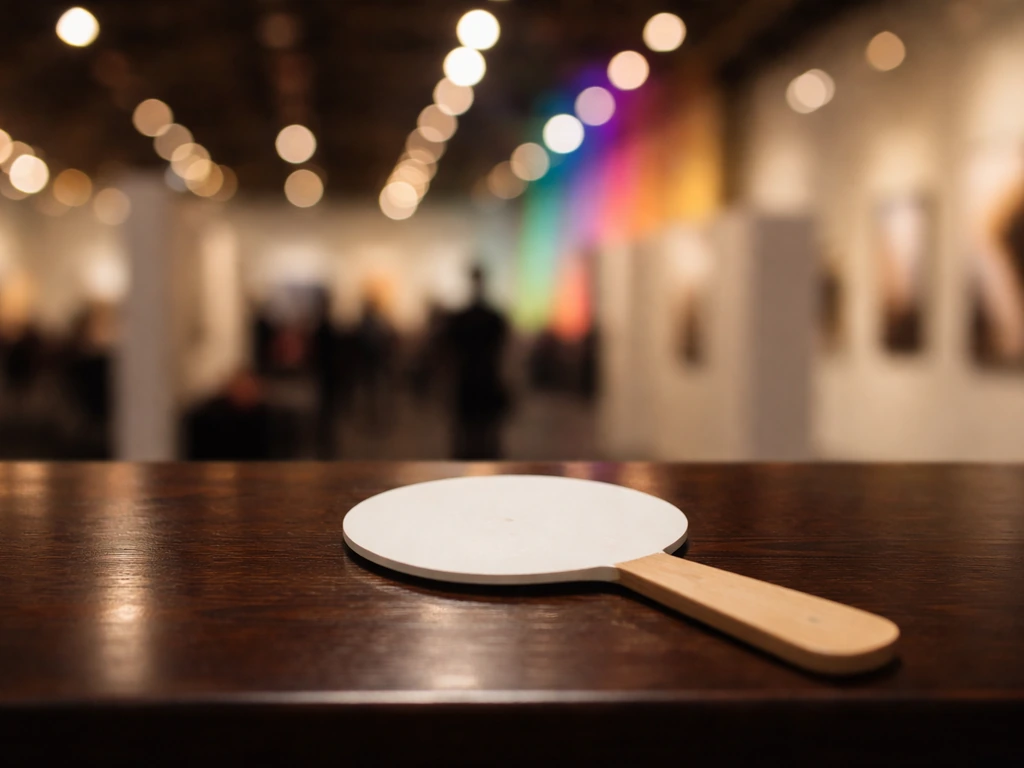 Close-up of an auction bid paddle on a desk with blurred art-fair spotlights suggesting market growth