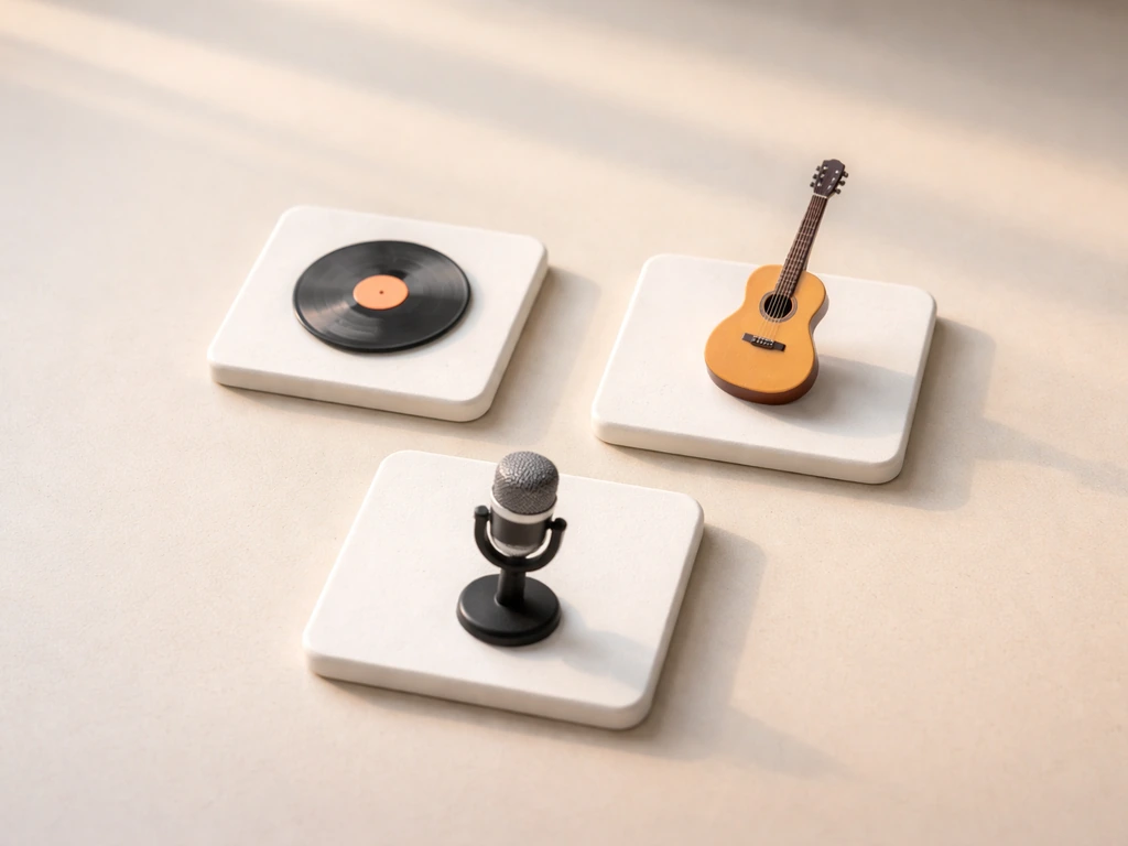 Minimal desk scene with a vinyl record, leaning guitar, and microphone suggesting royalties, touring, and studio income.