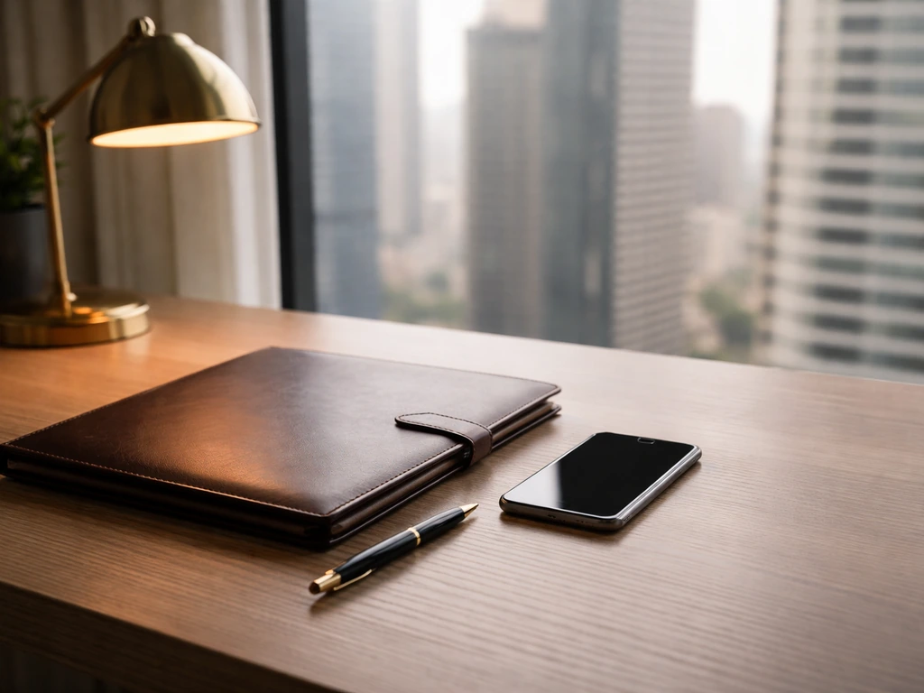Minimal office desk scene with portfolio and lamp, symbolizing business and financial analysis.