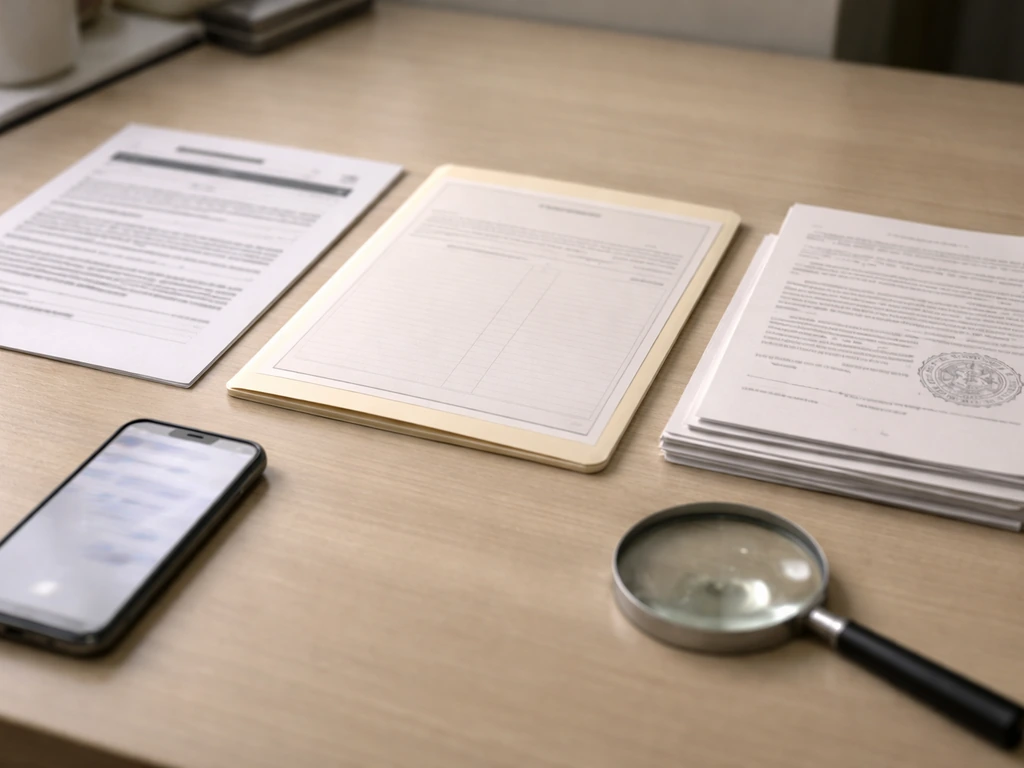 Minimal desk scene with blurred source documents, form folder, and magnifying glass suggesting net-worth research.